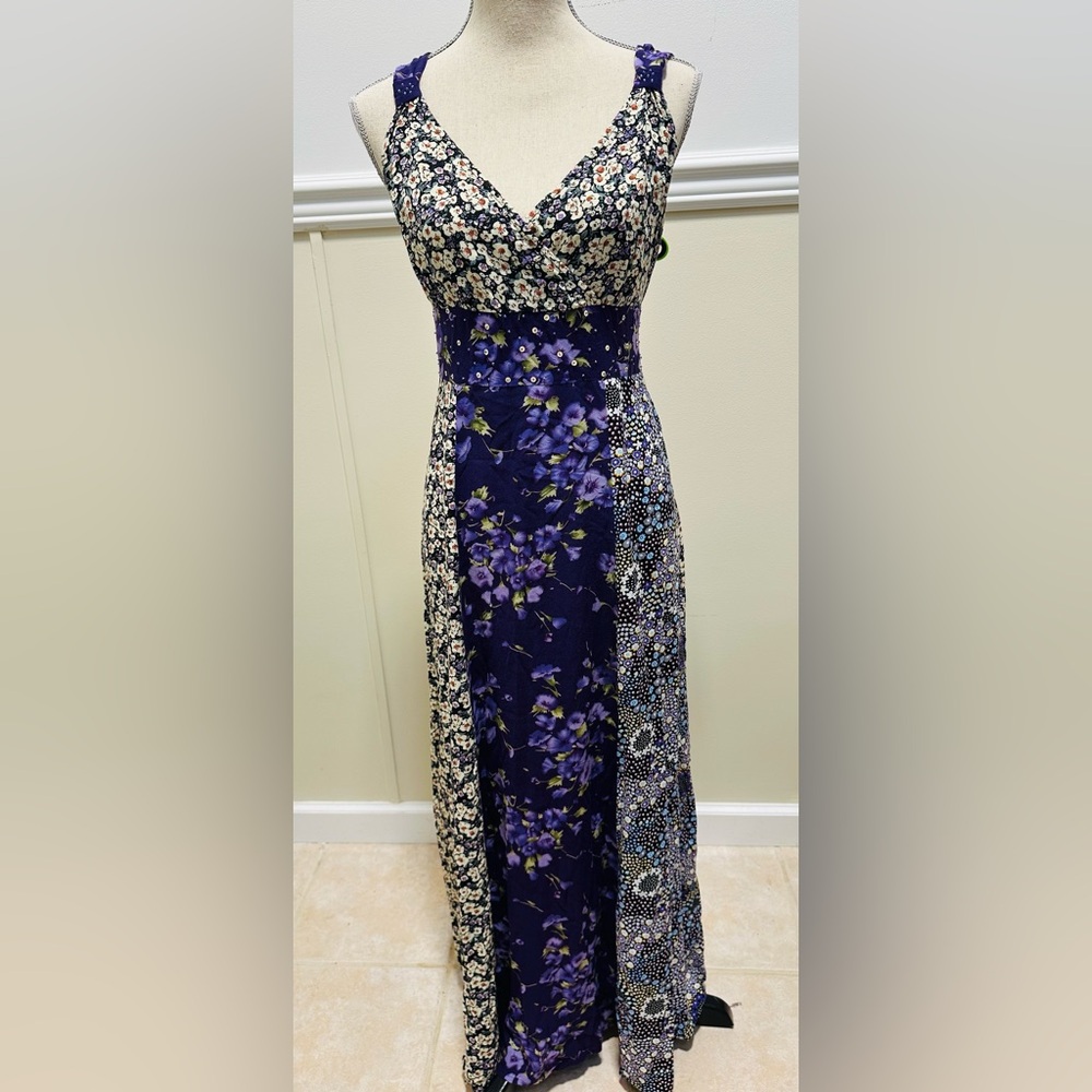 NY Collection Floral Split Print Maxi Dress Sash Stretch Waist XL Boho Cottage